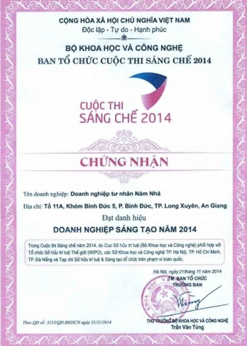 Chứng nhận cuộc thi sáng chế 2014