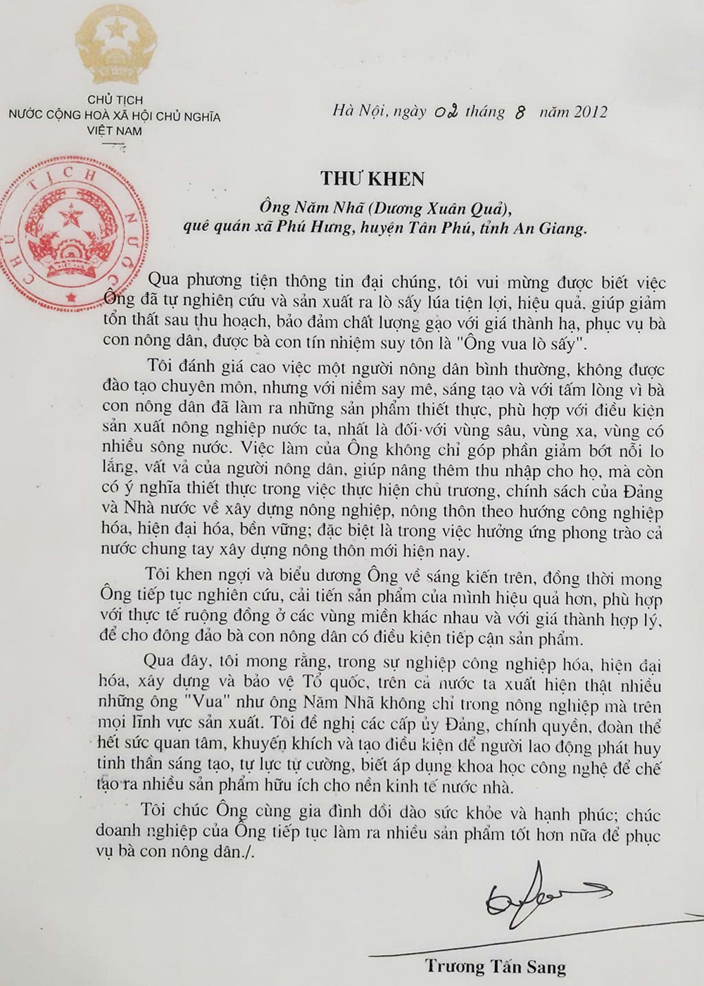 Thư khen của Chủ tịch nước Trương Tấn Sang năm 2012